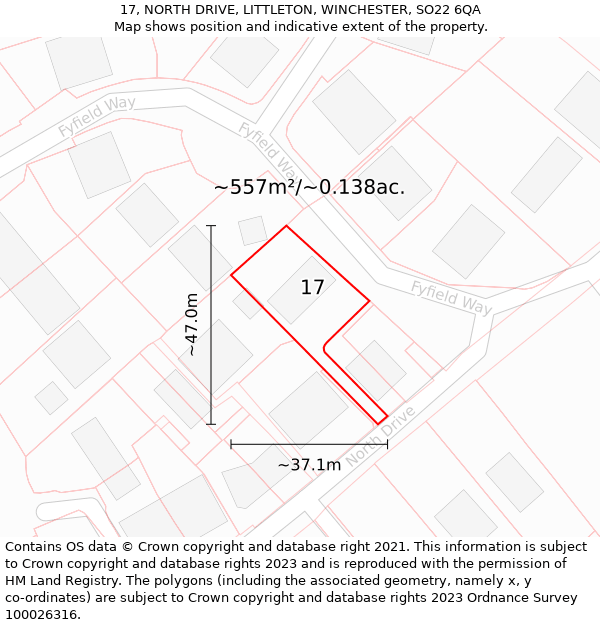 17, NORTH DRIVE, LITTLETON, WINCHESTER, SO22 6QA: Plot and title map