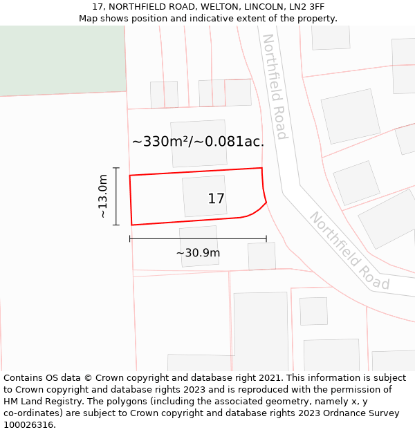17, NORTHFIELD ROAD, WELTON, LINCOLN, LN2 3FF: Plot and title map