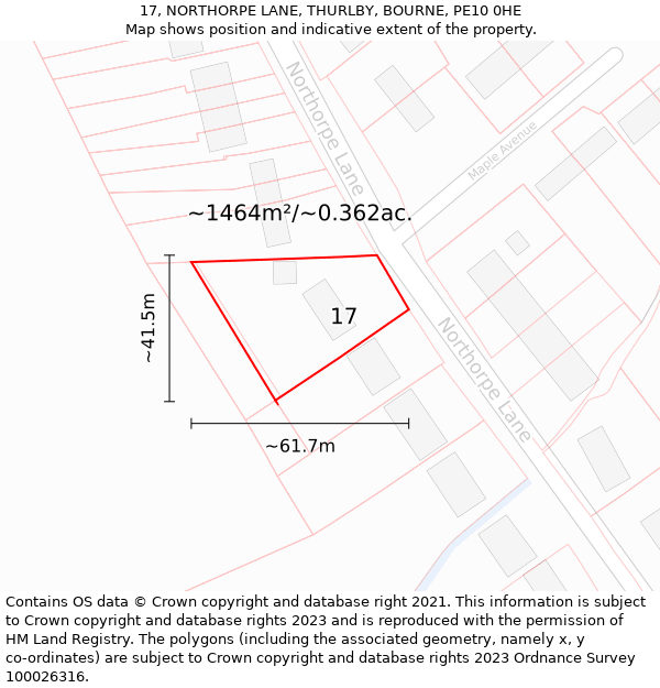 17, NORTHORPE LANE, THURLBY, BOURNE, PE10 0HE: Plot and title map