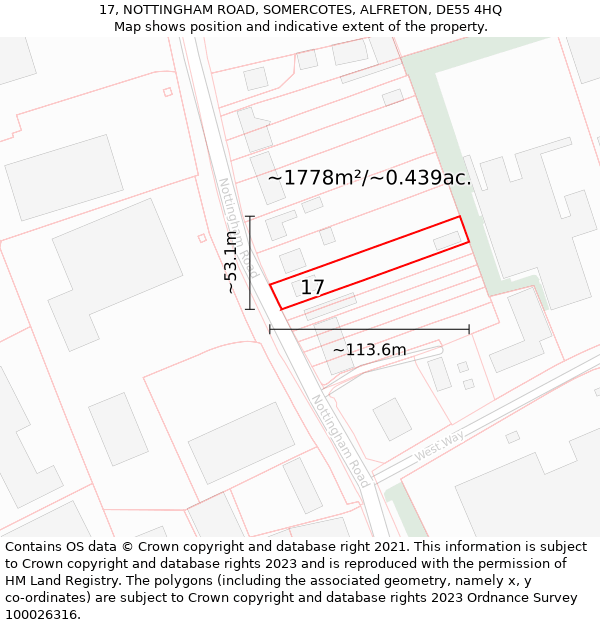 17, NOTTINGHAM ROAD, SOMERCOTES, ALFRETON, DE55 4HQ: Plot and title map