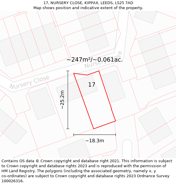 17, NURSERY CLOSE, KIPPAX, LEEDS, LS25 7AD: Plot and title map