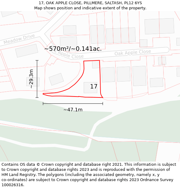 17, OAK APPLE CLOSE, PILLMERE, SALTASH, PL12 6YS: Plot and title map