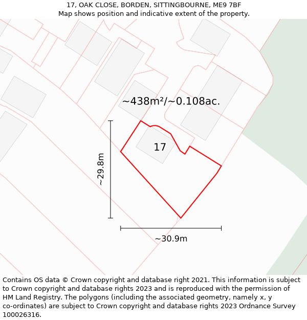 17, OAK CLOSE, BORDEN, SITTINGBOURNE, ME9 7BF: Plot and title map