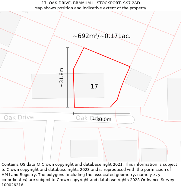 17, OAK DRIVE, BRAMHALL, STOCKPORT, SK7 2AD: Plot and title map