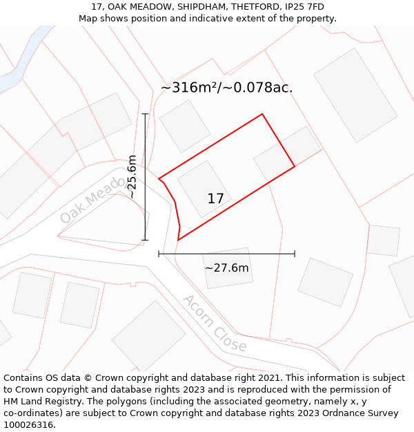 17, OAK MEADOW, SHIPDHAM, THETFORD, IP25 7FD: Plot and title map