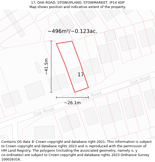 17, OAK ROAD, STOWUPLAND, STOWMARKET, IP14 4DP: Plot and title map