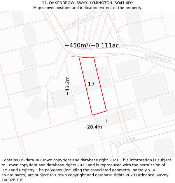 17, OAKENBROW, SWAY, LYMINGTON, SO41 6DY: Plot and title map