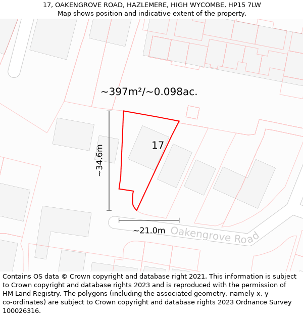 17, OAKENGROVE ROAD, HAZLEMERE, HIGH WYCOMBE, HP15 7LW: Plot and title map