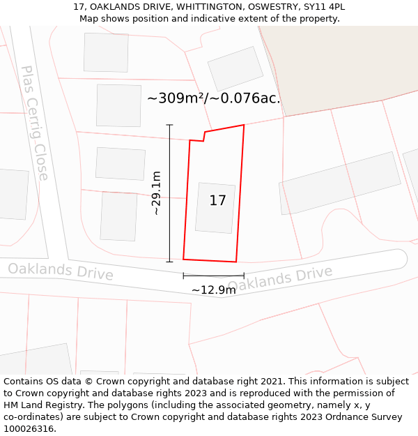17, OAKLANDS DRIVE, WHITTINGTON, OSWESTRY, SY11 4PL: Plot and title map