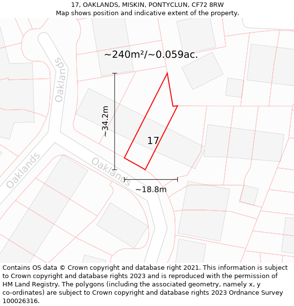 17, OAKLANDS, MISKIN, PONTYCLUN, CF72 8RW: Plot and title map