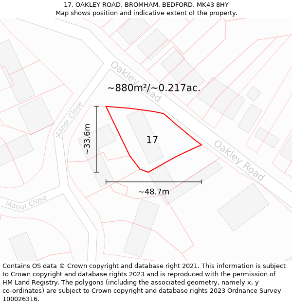 17, OAKLEY ROAD, BROMHAM, BEDFORD, MK43 8HY: Plot and title map