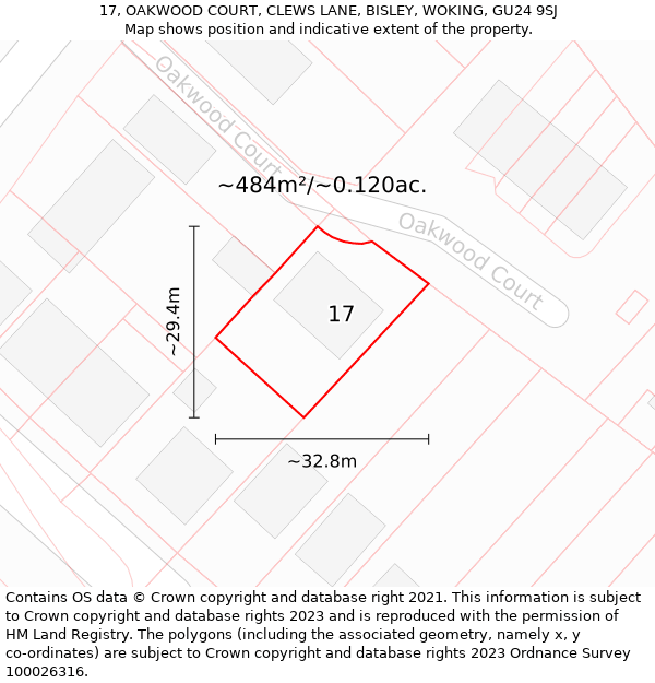 17, OAKWOOD COURT, CLEWS LANE, BISLEY, WOKING, GU24 9SJ: Plot and title map