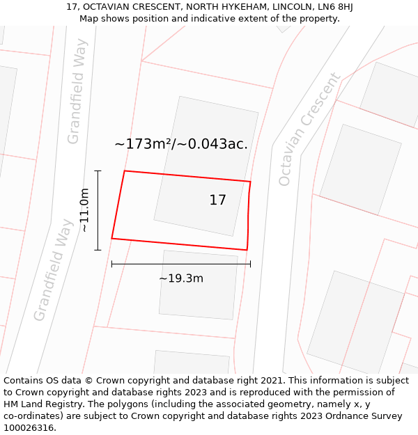 17, OCTAVIAN CRESCENT, NORTH HYKEHAM, LINCOLN, LN6 8HJ: Plot and title map