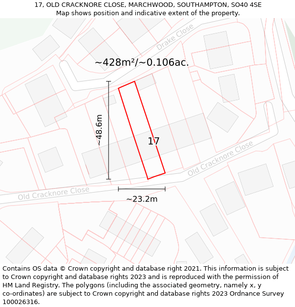 17, OLD CRACKNORE CLOSE, MARCHWOOD, SOUTHAMPTON, SO40 4SE: Plot and title map