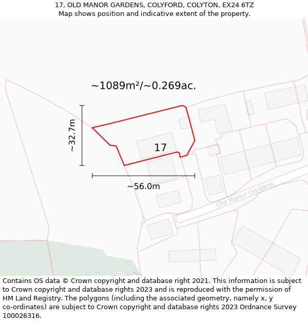 17, OLD MANOR GARDENS, COLYFORD, COLYTON, EX24 6TZ: Plot and title map