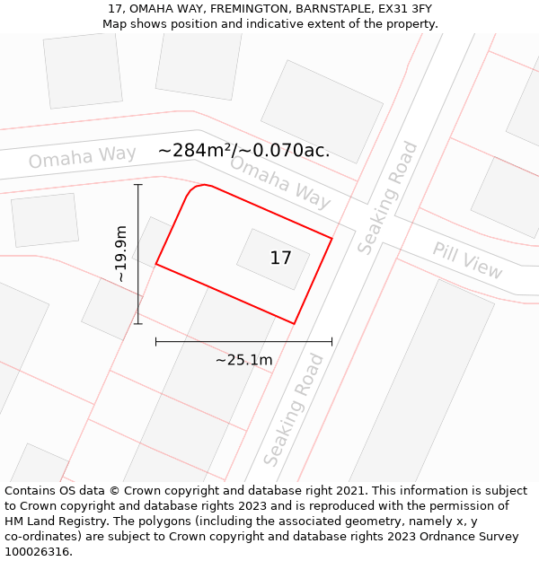 17, OMAHA WAY, FREMINGTON, BARNSTAPLE, EX31 3FY: Plot and title map