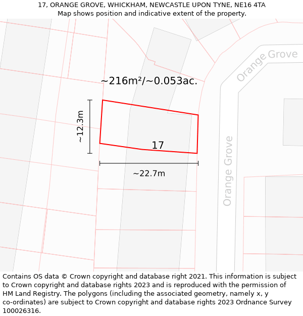 17, ORANGE GROVE, WHICKHAM, NEWCASTLE UPON TYNE, NE16 4TA: Plot and title map