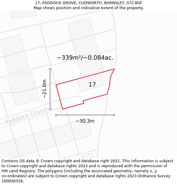 17, PADDOCK GROVE, CUDWORTH, BARNSLEY, S72 8GF: Plot and title map