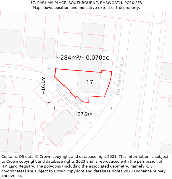 17, PARHAM PLACE, SOUTHBOURNE, EMSWORTH, PO10 8FS: Plot and title map