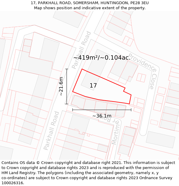 17, PARKHALL ROAD, SOMERSHAM, HUNTINGDON, PE28 3EU: Plot and title map