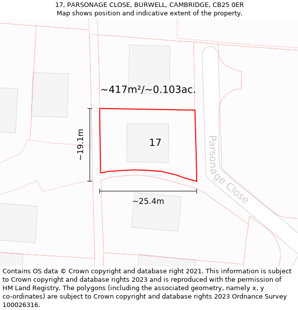 17, PARSONAGE CLOSE, BURWELL, CAMBRIDGE, CB25 0ER: Plot and title map