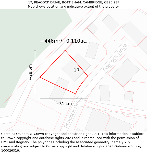 17, PEACOCK DRIVE, BOTTISHAM, CAMBRIDGE, CB25 9EF: Plot and title map