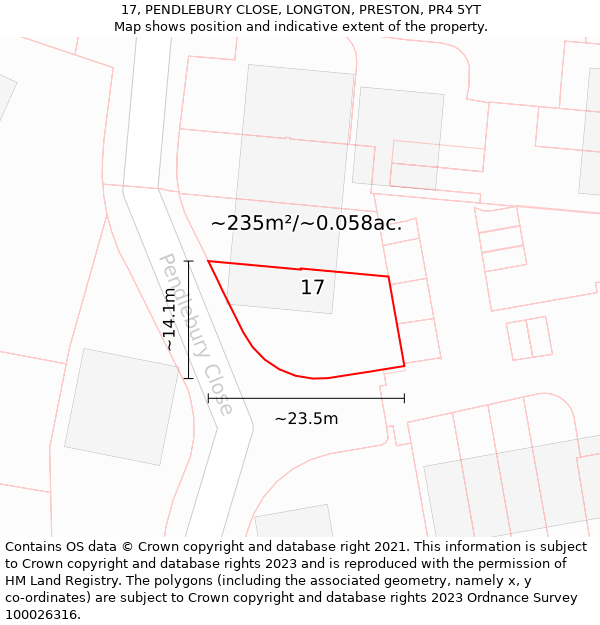 17, PENDLEBURY CLOSE, LONGTON, PRESTON, PR4 5YT: Plot and title map