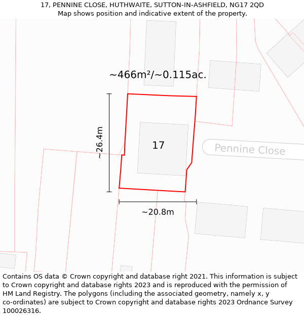 17, PENNINE CLOSE, HUTHWAITE, SUTTON-IN-ASHFIELD, NG17 2QD: Plot and title map