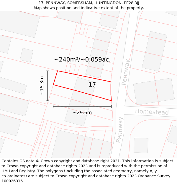 17, PENNWAY, SOMERSHAM, HUNTINGDON, PE28 3JJ: Plot and title map