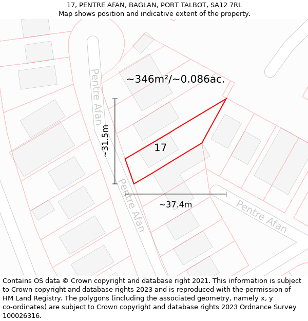 17, PENTRE AFAN, BAGLAN, PORT TALBOT, SA12 7RL: Plot and title map