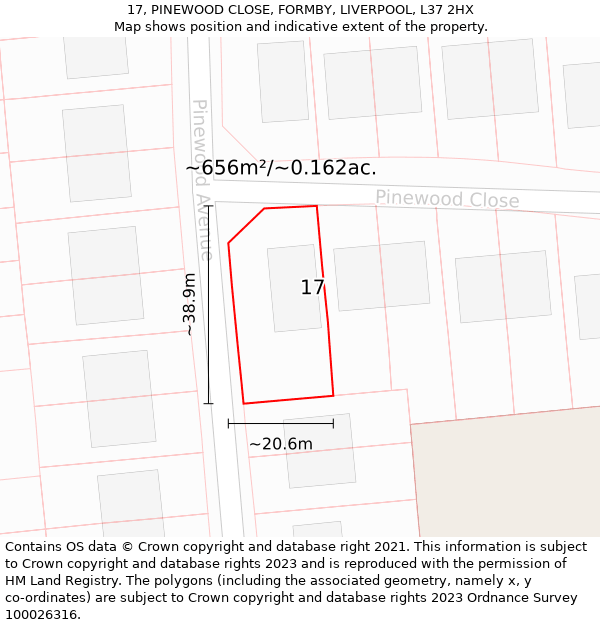17, PINEWOOD CLOSE, FORMBY, LIVERPOOL, L37 2HX: Plot and title map