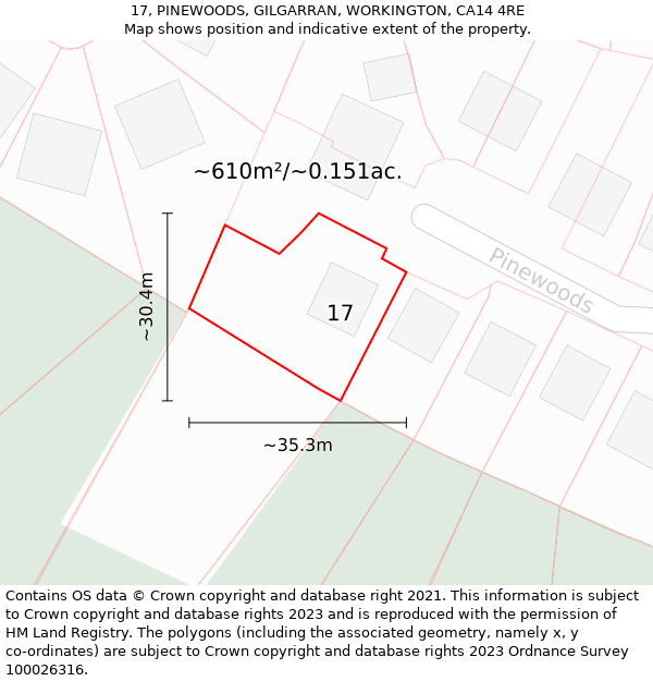 17, PINEWOODS, GILGARRAN, WORKINGTON, CA14 4RE: Plot and title map