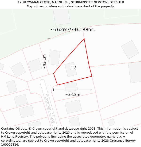 17, PLOWMAN CLOSE, MARNHULL, STURMINSTER NEWTON, DT10 1LB: Plot and title map