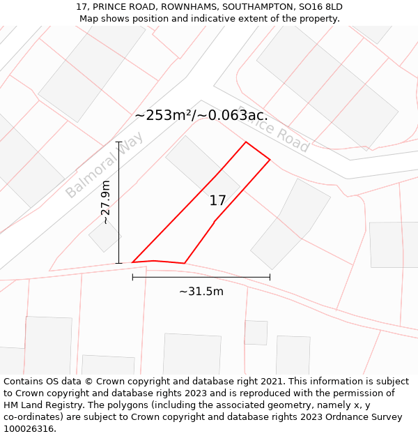 17, PRINCE ROAD, ROWNHAMS, SOUTHAMPTON, SO16 8LD: Plot and title map