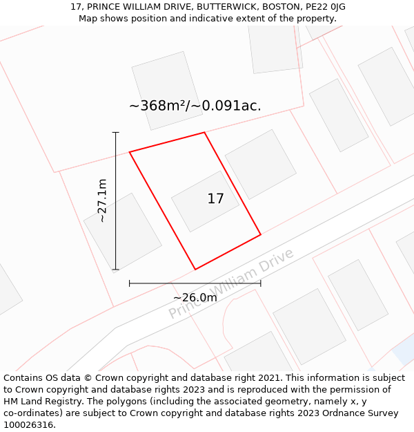 17, PRINCE WILLIAM DRIVE, BUTTERWICK, BOSTON, PE22 0JG: Plot and title map