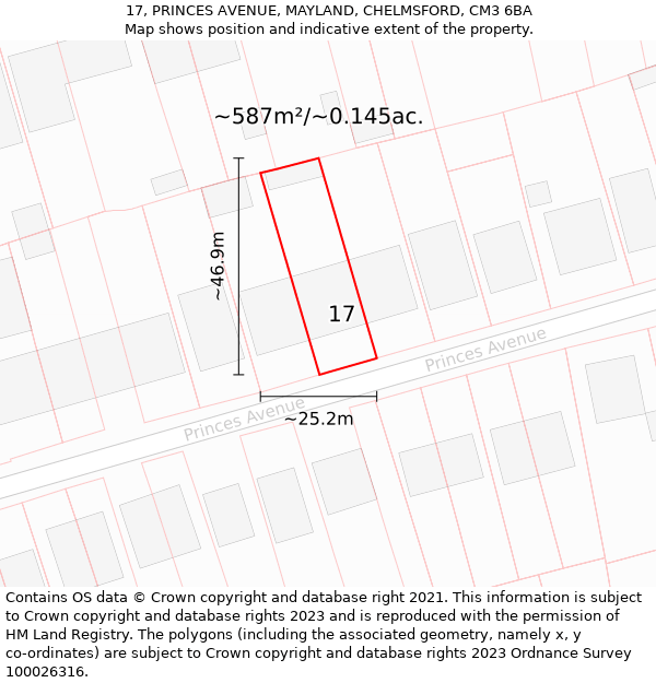 17, PRINCES AVENUE, MAYLAND, CHELMSFORD, CM3 6BA: Plot and title map