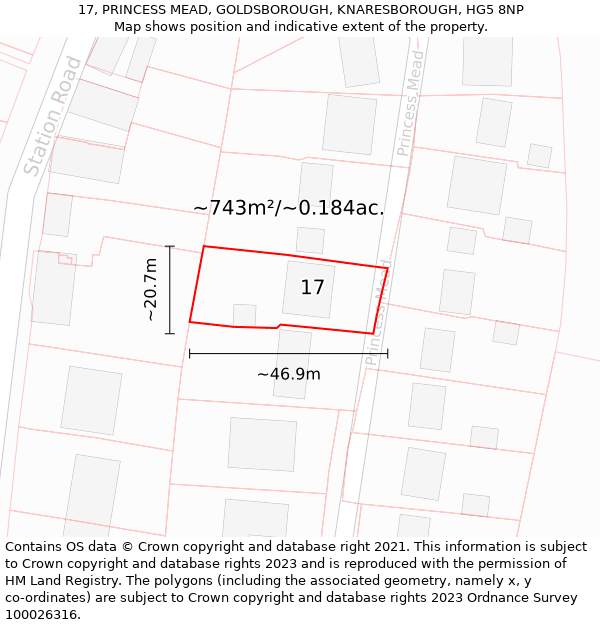17, PRINCESS MEAD, GOLDSBOROUGH, KNARESBOROUGH, HG5 8NP: Plot and title map