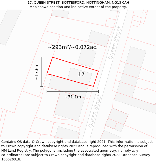 17, QUEEN STREET, BOTTESFORD, NOTTINGHAM, NG13 0AH: Plot and title map