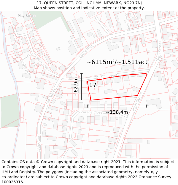 17, QUEEN STREET, COLLINGHAM, NEWARK, NG23 7NJ: Plot and title map