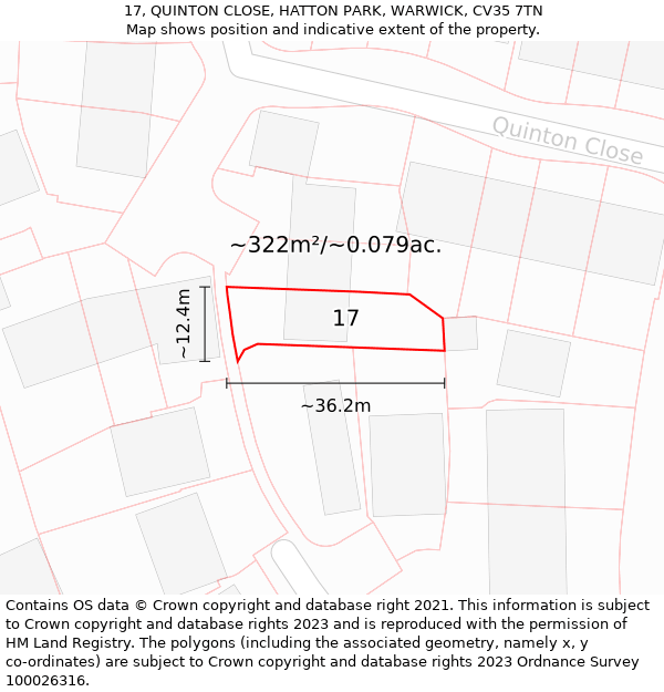 17, QUINTON CLOSE, HATTON PARK, WARWICK, CV35 7TN: Plot and title map
