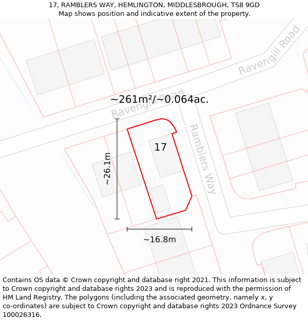 17, RAMBLERS WAY, HEMLINGTON, MIDDLESBROUGH, TS8 9GD: Plot and title map