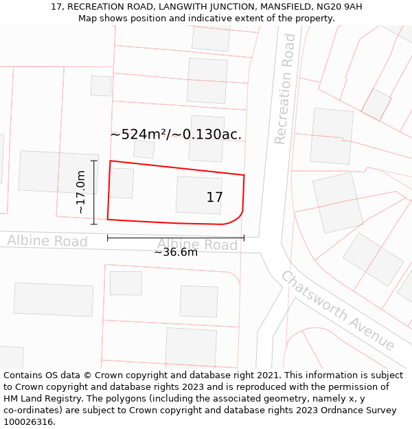 17, RECREATION ROAD, LANGWITH JUNCTION, MANSFIELD, NG20 9AH: Plot and title map