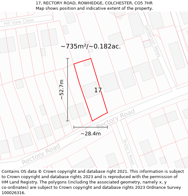 17, RECTORY ROAD, ROWHEDGE, COLCHESTER, CO5 7HR: Plot and title map