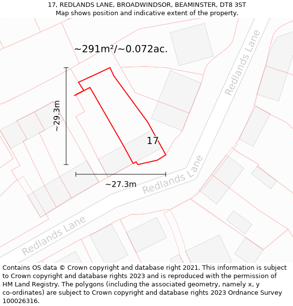 17, REDLANDS LANE, BROADWINDSOR, BEAMINSTER, DT8 3ST: Plot and title map