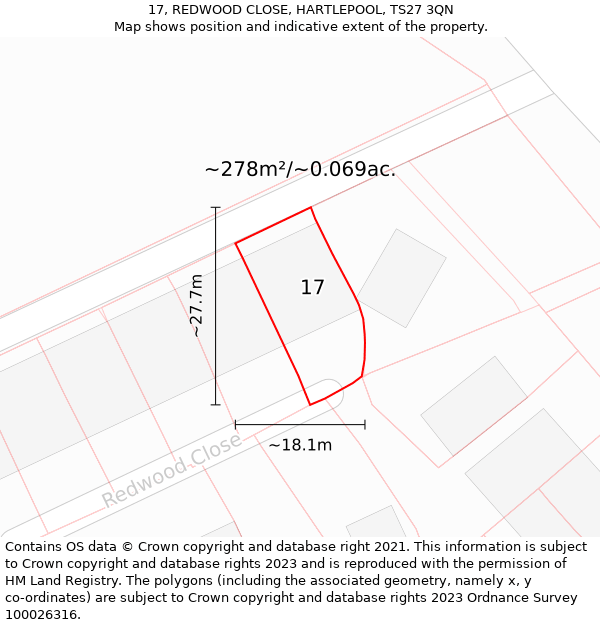 17, REDWOOD CLOSE, HARTLEPOOL, TS27 3QN: Plot and title map