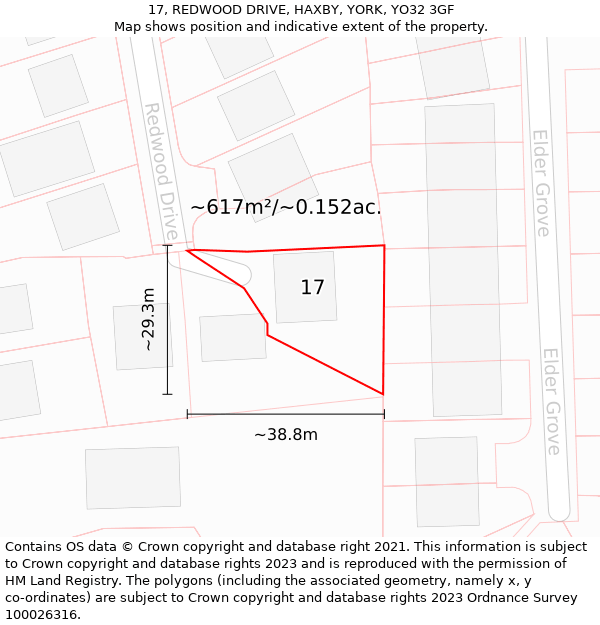 17, REDWOOD DRIVE, HAXBY, YORK, YO32 3GF: Plot and title map