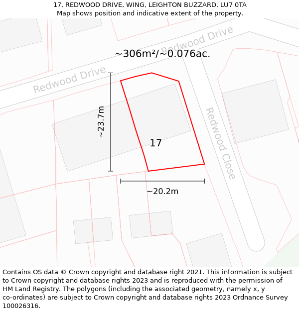 17, REDWOOD DRIVE, WING, LEIGHTON BUZZARD, LU7 0TA: Plot and title map