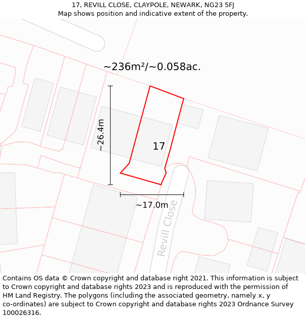 17, REVILL CLOSE, CLAYPOLE, NEWARK, NG23 5FJ: Plot and title map