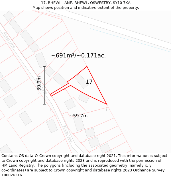 17, RHEWL LANE, RHEWL, OSWESTRY, SY10 7XA: Plot and title map