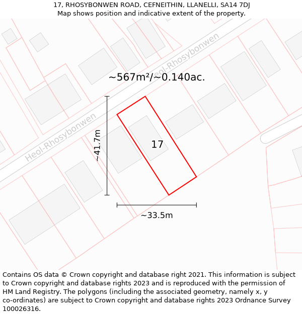 17, RHOSYBONWEN ROAD, CEFNEITHIN, LLANELLI, SA14 7DJ: Plot and title map